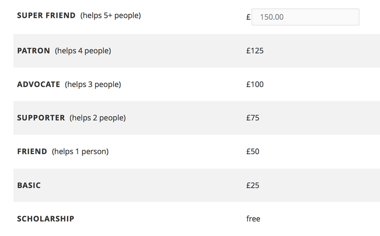 A screenshot from the AlterConf ticket page. A basic ticket is £25, a friend ticket (helps 1 person) is £50, supporter (helps 2 people) is £50, and so on up to super friend (helps 5+ people) for £150 and up.