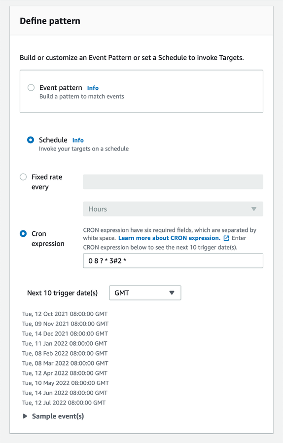 A section in the AWS console titled 'Define pattern', with a text field for editing a cron expression and a list of the next 10 trigger dates at the bottom. There's a selection picker which is currently 'GMT'.